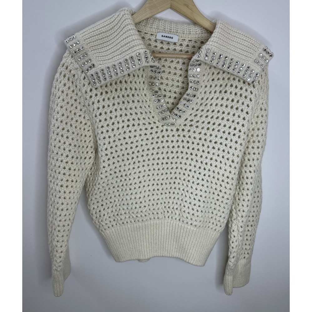 SANDRO Ursule Open Knit Sweater Chunky Pullover Rhinestone Wool Size 2 US M 6 - Picture 4 of 16